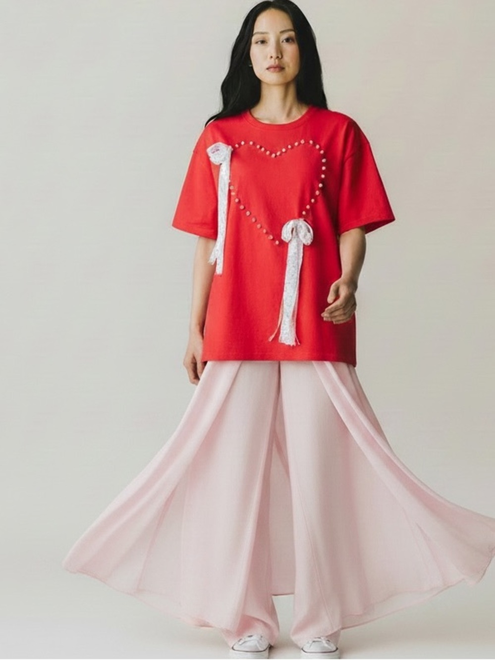 781. Pearl lace short sleeve T shirt red